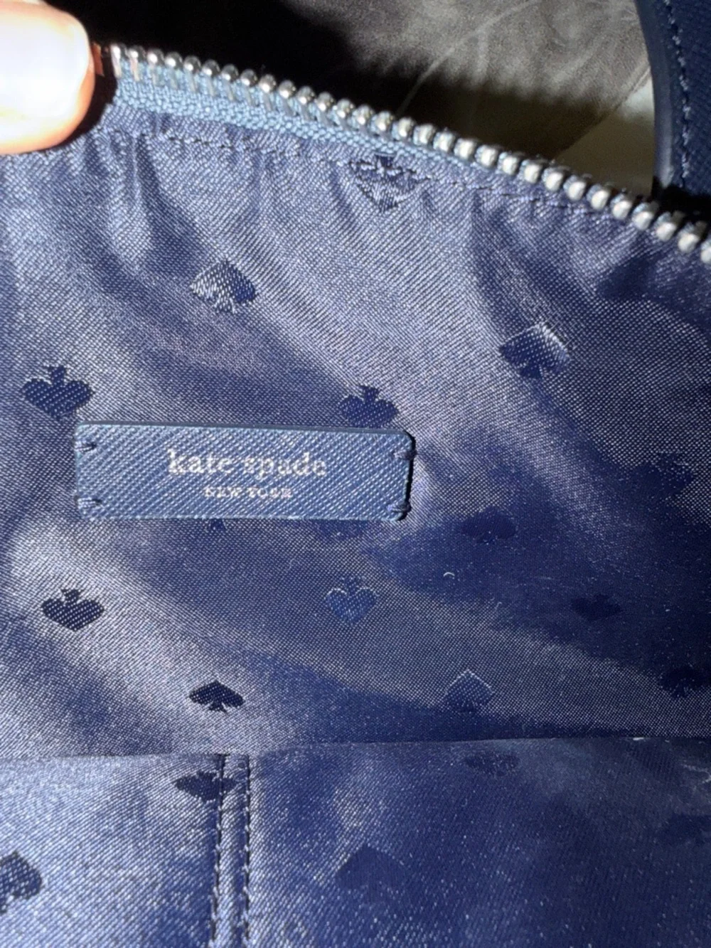 Kate Spade blue  Metallic Glitter Shoulder Tote with navy blue handle and strap. - Picture 6 of 11